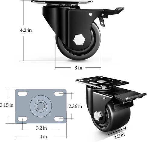 3 Inch Caster Wheels, Plate-Swivel Casters Set of 4, 1200 lbs Heavy Duty Casters with Wheel Lock, Black Polyurethane Workbench-Industrial Casters Furniture-Castor Wheels in Saudi Arabia