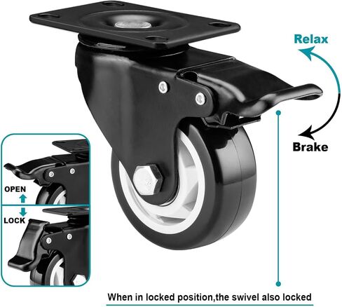 3 Inch Caster Wheels, Plate-Swivel Casters Set of 4, 1200 lbs Heavy Duty Casters with Wheel Lock, Black Polyurethane Workbench-Industrial Casters Furniture-Castor Wheels in Saudi Arabia