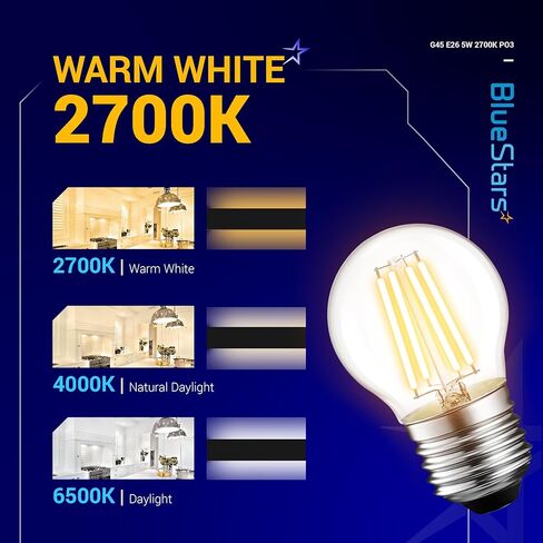 BlueStars G45 E26 Edison LED Filament Globe Bulb 120V 5W (60 Watt Equivalent), 2700K Warm White Light 550lm Non-Dimmable for Indoor Outdoor Holiday Home Decoration - 3 Packs in Saudi Arabia