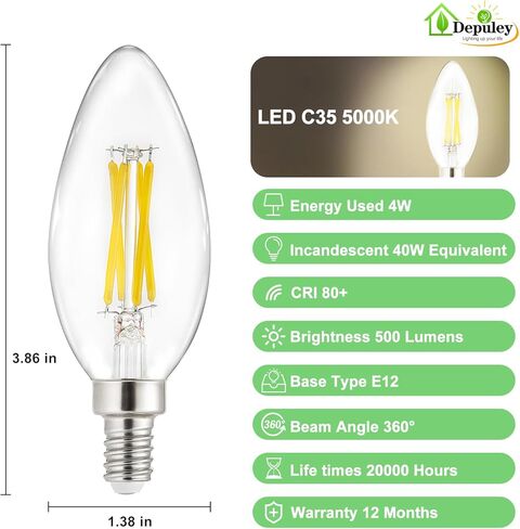 مصابيح مصباح LED Depuley E26: 12 حزمة مصابيح تشاندلاير لمبة 6W مكافئة 60W-Edison Vintage Light in Kuwait