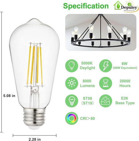مصابيح مصباح LED Depuley E26: 12 حزمة مصابيح تشاندلاير لمبة 6W مكافئة 60W-Edison Vintage Light in Kuwait