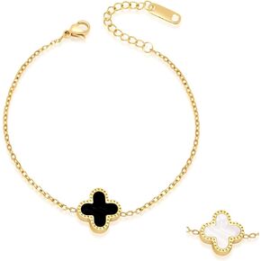 Clover Bracelet for Women 18K Gold Plated Four Leaf Clover Bracelet White/Black Lucky Clover Bracelet with Jewelry Box (Rose Gold-Black White)