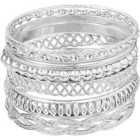 Boho Bracelets for Women, 7Pcs Dainty Silver Vintage Bangle Multi Layer Textured Stackable Bracelets Set for Teen Girls Jewelry Gifts