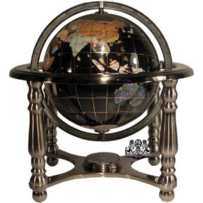 Unique Art 10-Inch Tall Black Onyx Ocean Gemstone World Globe with 4 Leg Silver Stand