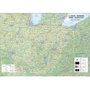 Illinois, Indiana, Ohio and Kentucky Physical Poster Map - 23.3 x 16.5 Inches - Paper Laminated