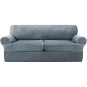 Velvet T Cushion Sofa Slipcover 4 Pieces Sofa Covers for T Cushion Sofa Soft Couch Cover Sofa Slip Covers Furniture Protector with 3 Individual T Cushion Shape Seat (Stone Blue, Sofa) (LJXSC022)