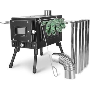 Outdoor Camping Stove, Portable Wood Burning Stove with Chimney Pipe for Tent, Shelter, Heating and Cooking (Black)