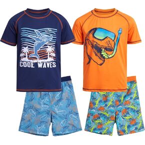 Boys' Rashguard Set - Short Sleeve Swim Shirt and Bathing Suit Set (4 Piece)