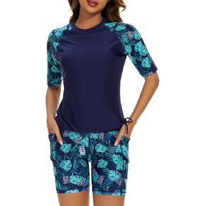 Tournesol Women's Two Piece Rash Guard Short Sleeve Swim Shirts UPF 50+ Built in Bra Swimsuit with Boyshorts with Pockets in Kuwait