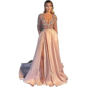 Miao Duo Women's Sparkly Sequin Prom Ball Gown with Pockets Long Sleeve Satin Formal Evening Dress with Slit YZTS055