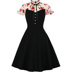 1950s Dresses for Women Vintage Elegant Short Puff Sleeve Polka Dot Patchwork Knee Length Cocktail Party Dress