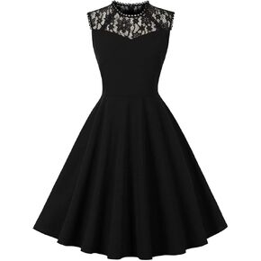 1950s Dresses for Women Vintage Elegant Short Puff Sleeve Polka Dot Patchwork Knee Length Cocktail Party Dress