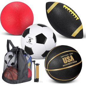4 Pcs Sports Balls Set, Include Pump, Equipment Bag Official Size Basketball Soccer Football Playground Ball for Kid Teen Adult