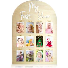 One Year Birthday Wooden Photo Board My First Year Milestone Photo Board 12 Monthly Picture Frame Baby First year Wood Acrylic Sign 1st Birthday Decorations Baby Keepsake Gift (2" x 3" photos - Wallet Size) in Kuwait