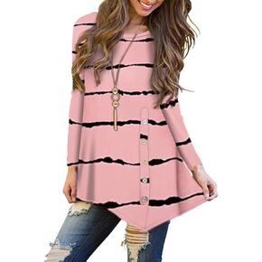Women's Long Sleeve Crewneck Tunic Top Button Decor Irregular Hem Blouse Shirt