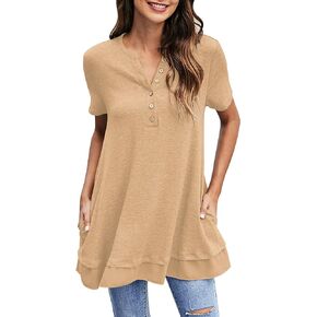 Women's Tunic Tops For Leggings Casual Loose V Neck Buttons Up Blouse With Chiffon Hem
