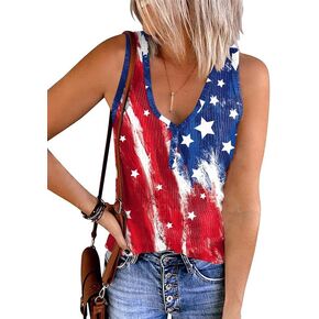 For G and PL 4th of July Women's American Flag Patriotic V Neck Sleeveless Button Tank Top Shirt