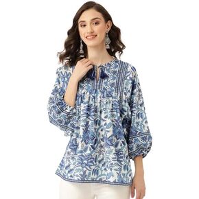 Women's Floral Cotton Top for Summer, Cotton, Round Neck, 3/4 Sleeves, Loose Fit Casual Summer Blouse Tunic Top in Saudi Arabia
