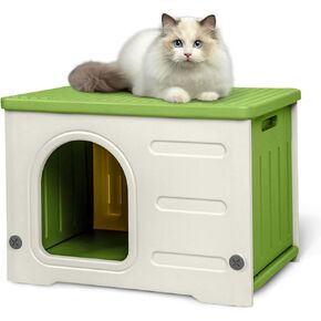 Plastic Cat House for Outdoor Indoor Use, Stackable Feral Cat Shelter Indoor Cat House Insulated Weatherproof Waterproof -Green