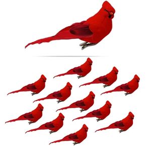 Cardinal Clip On Christmas Tree Ornament Decorations - Red Flocked Body & Feathered Wings & Tail - Set of 12 - Each is 5" Long