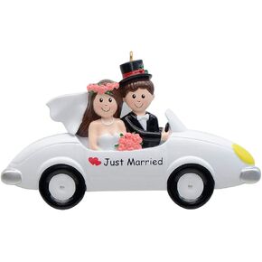 Just Married Wedding Car Christmas Ornament Personalized Brown Hair Bride Groom Couple Ornament Newlywed Couple's 1st Christmas Wedding Keepsake Gift