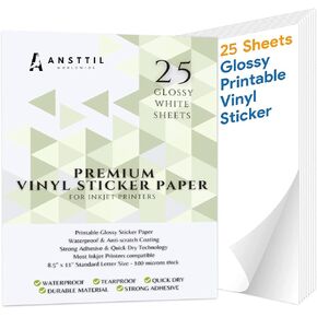 Premium Printable Vinyl Sticker Paper - 25 Sheets Glossy White Waterproof Decal Paper for Inkjet Printer Vivid Colors Self-Adhesive Labels Crafts DIY Project Standard Full Letter Size 8.5"x11"
