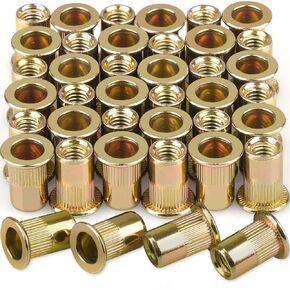 AKKTOL Rivet Nut, 100 Pieces M6 Rivnuts, Flat Head, Zinc Plated Carbon Steel, Threaded Insert with Knurled Body
