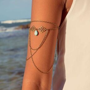 Multilayer Turquoise Arm Chain Boho Upper Arm Bracelet Vintage Hollow Flower Armlet Gold Drop Tassel Armband Summer Beach Arm Bracelet Jewelry for Women and Girls