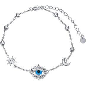 Evil Eyes Bracelet 925 Sterling Silver Sun and Moon Evil Eye Bracelet Protection Adjustable Chain Bracelet Jewelry for Women