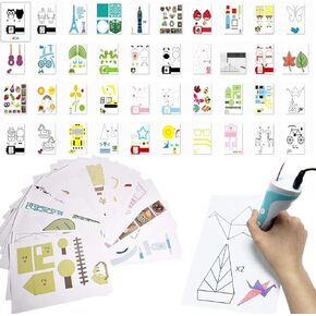 3D Printer Drawing Molds Paper Stencils for 3D Printing Pen,POYLKJGYT Printing Paper Painting Graffiti Template for 3D Pen Kids DIY Gift Present, 20 Sheets 40 Patterns with a PVC Transparent Board.