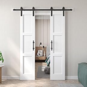 Fredbeck Double 18x84 inch White Barn Door with 6.6FT Barn Door Hardware Kit Included,with MDF and Wood, Solid PVC Surface,DIY Assembly,3-Panel,36inch barn door