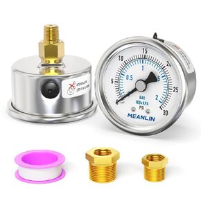 MEANLIN MEASURE -30~0Psi Vacuum Gauge Stainless Steel 1/4" NPT 2" FACE DIAL Waterproof for Air Compressor HVAC Negative Pressure Hand Pump Pool Center Back Mount with 1/2" NPT and 3/8" NPT Hex Bushing