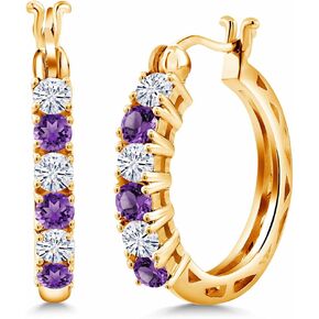 Gem Stone King 18K Yellow Gold Plated Silver Purple Amethyst and White Moissanite Hoop Earrings for Women (1.20 Cttw, Gemstone Birthstone, 22MM = 0.85 Inches Diameter)