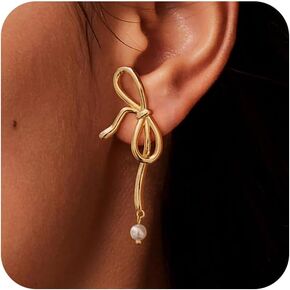 Pearl Earrings for Women Gold Hoop Earrings for Women Trendy 14K Gold Plated Pearl Huggie Earring Hoops Twist Rope Bow Stud Pearl Dangle Cubic Zirconia Earrings Jewelry Gifts for Women Girls