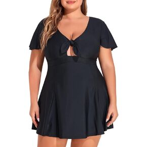 Smismivo Plus Size Swimsuit for Women Ruffle Short Sleeve One Piece Bathing Suit Vintage Swimdress Front Tie Swimwear