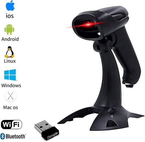 ماسح الباركود اللاسلكي 2D QR مع حامل 2.4 جيجا هرتز وقارئ الباركود السلكي USB ماسح الباركود للمتجر والسوبر ماركت والمستودعات in Saudi Arabia