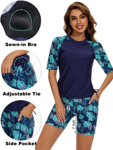 Tournesol Women's Two Piece Rash Guard Short Sleeve Swim Shirts UPF 50+ Built in Bra Swimsuit with Boyshorts with Pockets in Kuwait