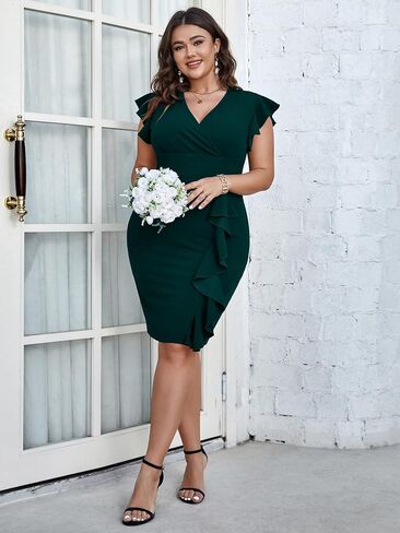 فستان نسائي مقاس كبير Bodycon لحفلات الزفاف وكوكتيل الصيف الإمبراطورية الخصر التفاف الخامس الرقبة كشكش الركبة فساتين العمل in Saudi Arabia