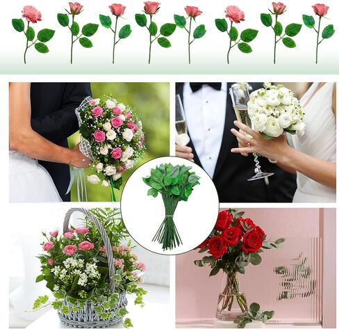 50 قطعة من زهور الأسلاك الجذعية مع أوراق الشجر DIY زهرة صنع جذع زهرة ينبع مع أوراق البلاستيك الاصطناعي روز الزهور سلك ينبع لترتيب باقة الزهور in Kuwait