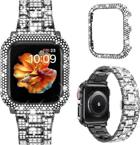 Mosonio Compatible with Bling Apple Watch Band Women 40mm 44mm 41mm 45mm with Shiny Metal Case, Full Sparking Luxury Diamond Bands and Cover Set, Cute Charming Strap for iWatch SE Series 9/8/7/6/5/4 in Saudi Arabia
