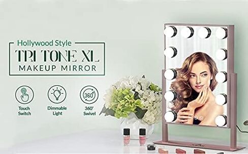 مرآة مكياج فانيتي هوليوود ثلاثية الألوان XL من إيمبيشنز مع 12 لمبة LED، مرآة تزيين مع دوران 360 درجة (أبيض) in Kuwait