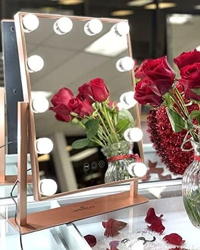 مرآة مكياج فانيتي هوليوود ثلاثية الألوان XL من إيمبيشنز مع 12 لمبة LED، مرآة تزيين مع دوران 360 درجة (أبيض) in Kuwait