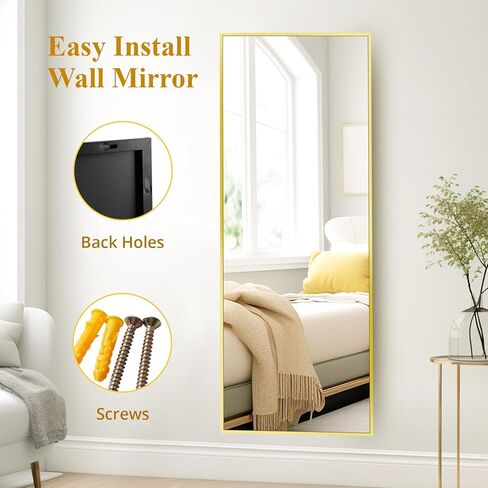 مرآة كاملة الطول من Fabuday مع حامل - مرآة أرضية كبيرة بإطار أسود مقاس 64 بوصة × 21 بوصة لغرفة النوم، مرايا للجسم كاملة الحجم مستطيلة الشكل أطول حجمًا لغرفة المعيشة، معلقة على الحائط، مثبتة على الحائط in Kuwait