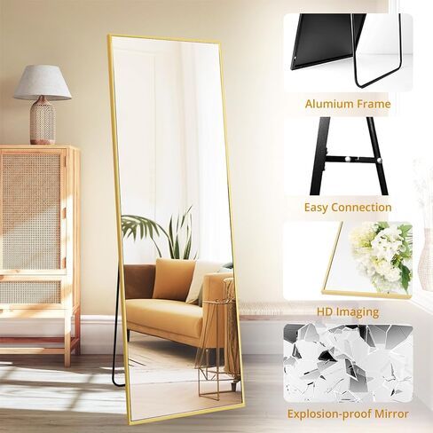 مرآة كاملة الطول من Fabuday مع حامل - مرآة أرضية كبيرة بإطار أسود مقاس 64 بوصة × 21 بوصة لغرفة النوم، مرايا للجسم كاملة الحجم مستطيلة الشكل أطول حجمًا لغرفة المعيشة، معلقة على الحائط، مثبتة على الحائط in Kuwait