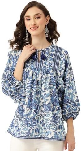 Women's Floral Cotton Top for Summer, Cotton, Round Neck, 3/4 Sleeves, Loose Fit Casual Summer Blouse Tunic Top in Saudi Arabia