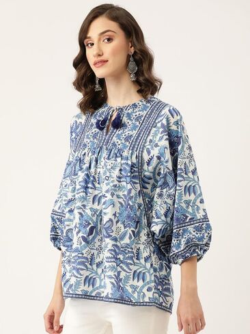 Women's Floral Cotton Top for Summer, Cotton, Round Neck, 3/4 Sleeves, Loose Fit Casual Summer Blouse Tunic Top in Saudi Arabia