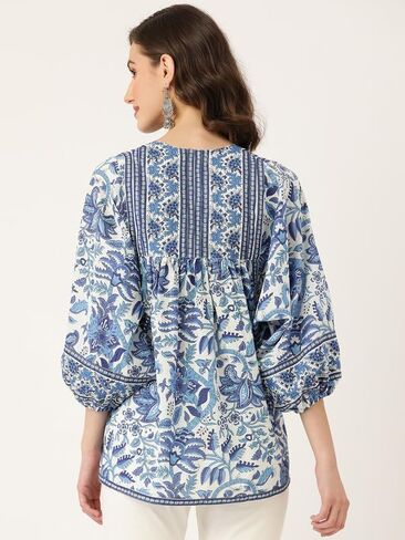 Women's Floral Cotton Top for Summer, Cotton, Round Neck, 3/4 Sleeves, Loose Fit Casual Summer Blouse Tunic Top in Saudi Arabia