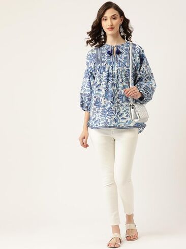 Women's Floral Cotton Top for Summer, Cotton, Round Neck, 3/4 Sleeves, Loose Fit Casual Summer Blouse Tunic Top in Saudi Arabia