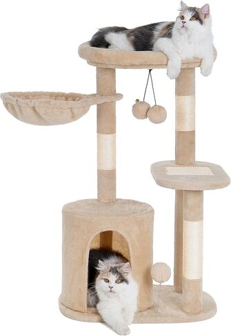 Cat Tree Tower for Indoor Small Cats with Condo and Deep Hammock, Cat Tower with Nature Sisal Scratching Post & Hanging Balls for Kittens - Beige in Saudi Arabia