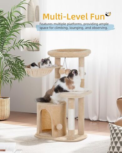 Cat Tree Tower for Indoor Small Cats with Condo and Deep Hammock, Cat Tower with Nature Sisal Scratching Post & Hanging Balls for Kittens - Beige in Saudi Arabia
